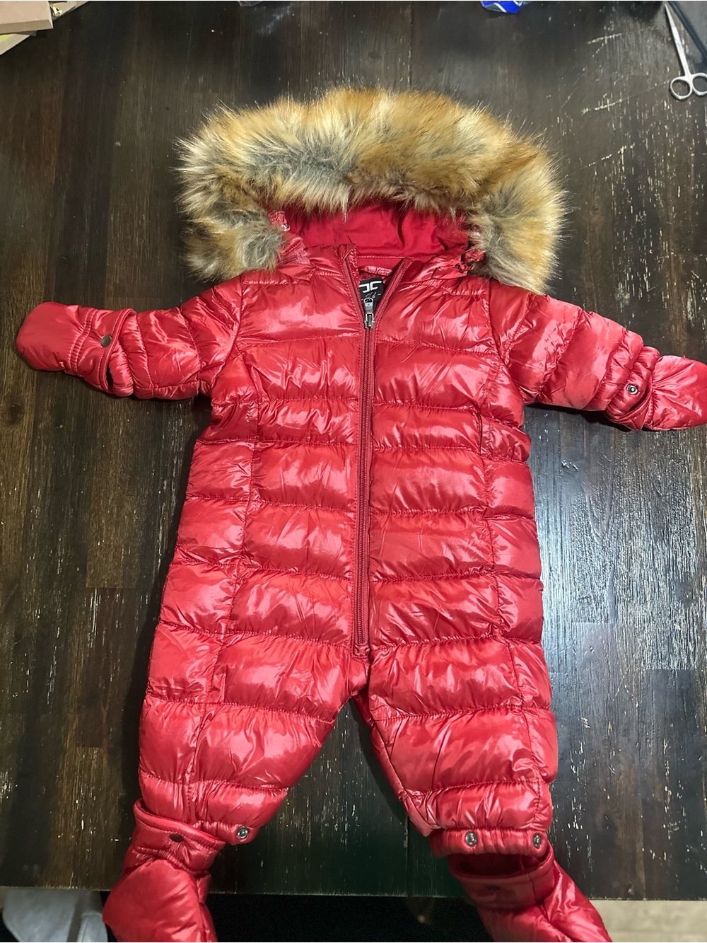 Cozy Red Puffer Infant Snow One-Piece with Faux Fur Hood